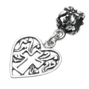 ORNATE CROSS IN HEART W/ EURO BEAD IN STERLING SILVER